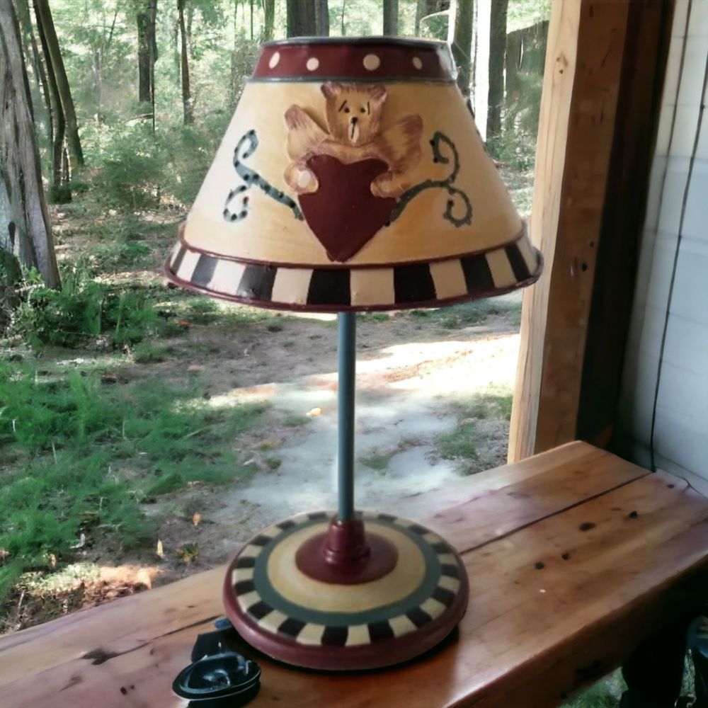 Vintage Angel Bear Heart Tea Light Lamp Metal Candle Holder 7 Inch Red Green